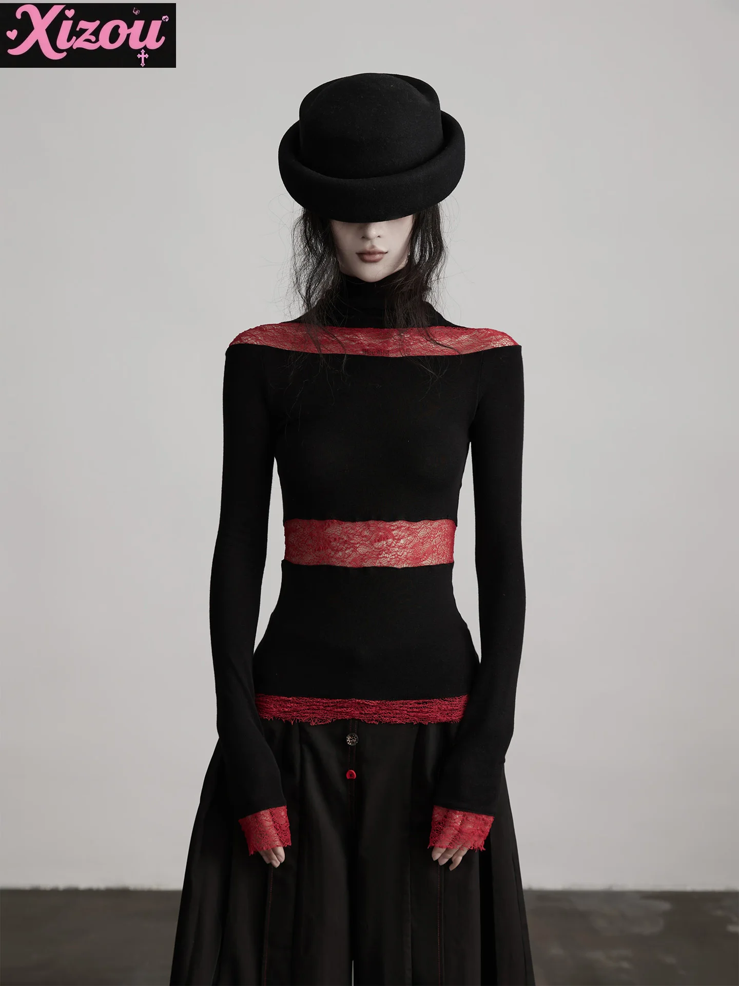 

Осенняя шерстяная черно-красная трикотажная футболка с контрастными краями и длинными рукавами, женская темная готическая нижняя рубашка, женская