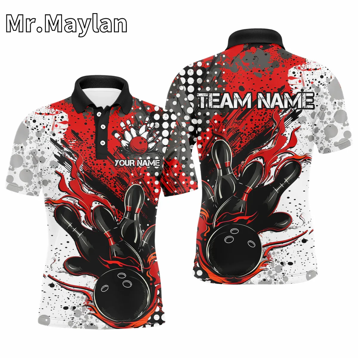 3D Red And Black Flame Bowling Team Shirts Strike Bowling Short Sleeve Polo Shirts For Men Gift for Bowling Lovers Unisex Tops-8