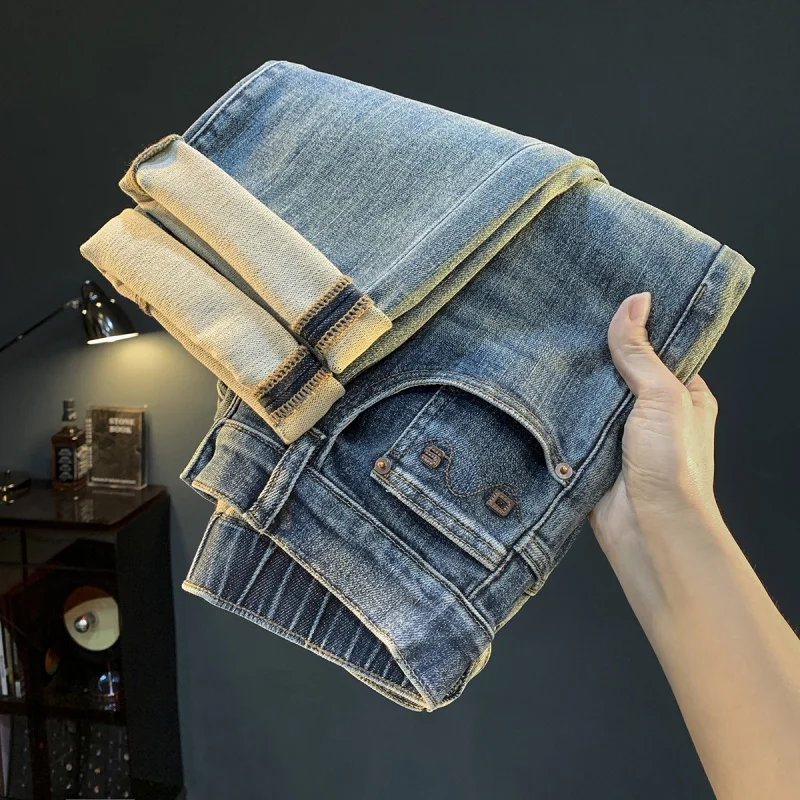 

Мужские потертые синие джинсы в стиле ретро, весенне-осенние модные, модные, свободные прямые, с эластичной резинкой на талии, винтажная роскошь большого размера