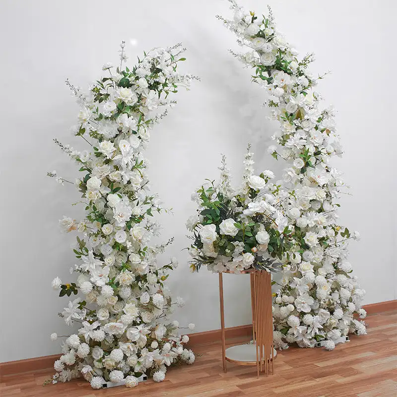 Custom series White Rose Green leaves artificial mixed flower corner arch outdoor wedding background decoration stage setting