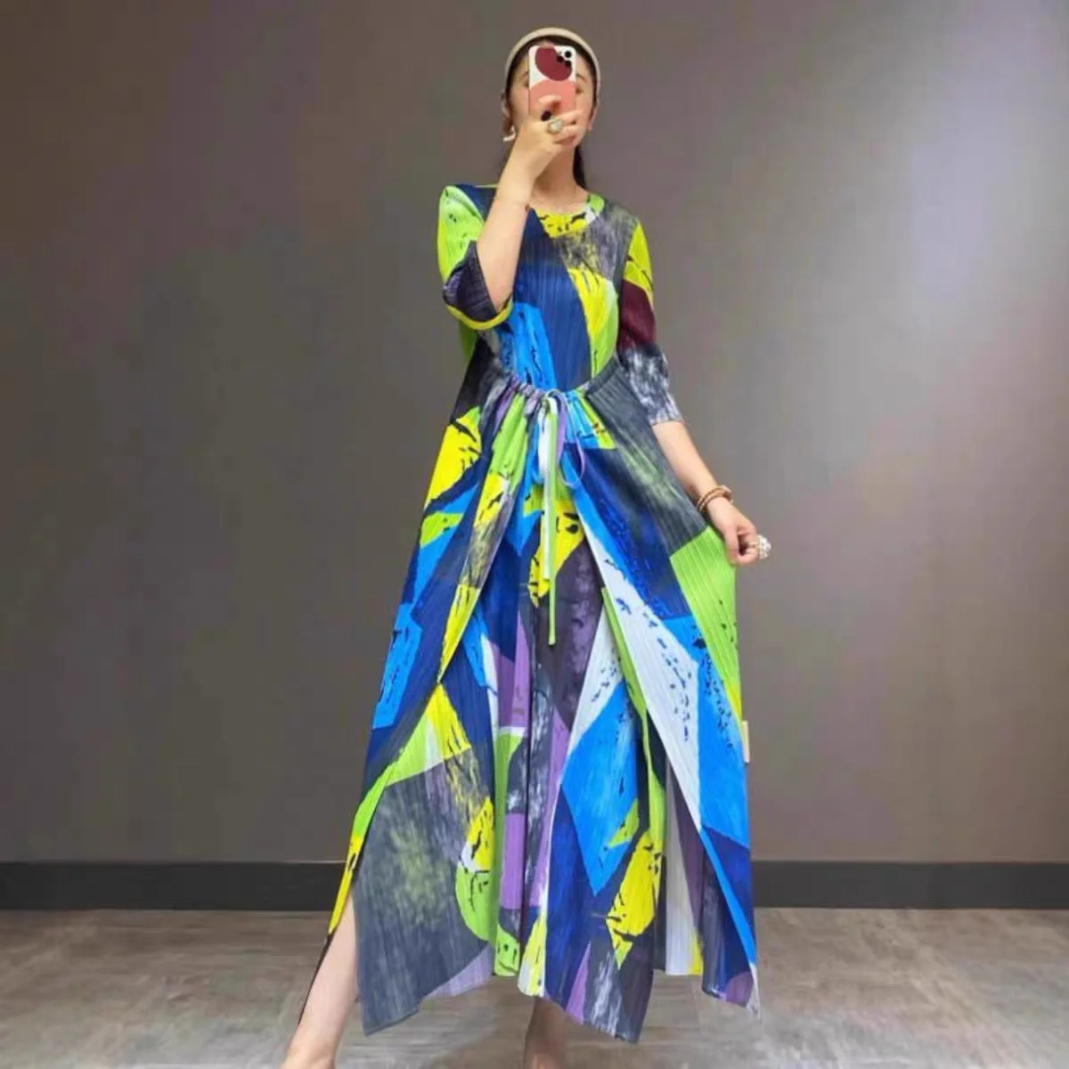 

Miyake Women's Beach Resort Style Dress Bohemian Ruffled Loose Slim Large Printed New Casual Plus Size for Summer