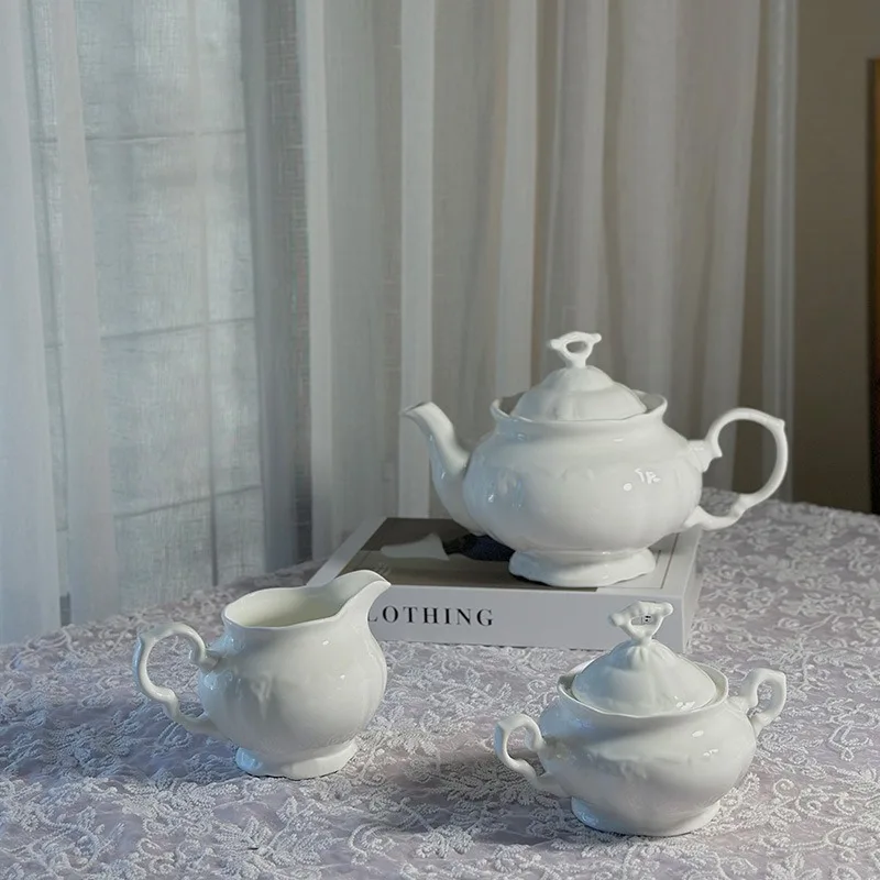 French Retro Relief Coffee Pot Pure White Bone China Teapot Sugar Bowl Milk Jug Ceramic Large Capacity Kettle Home Drinkware