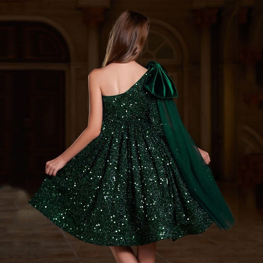 Green Flower Girls Dresses with Sequined A Line 2025 Scoop Full Sleeve Christmas Gowns for Princess New فلور فتاة اللباس Winter