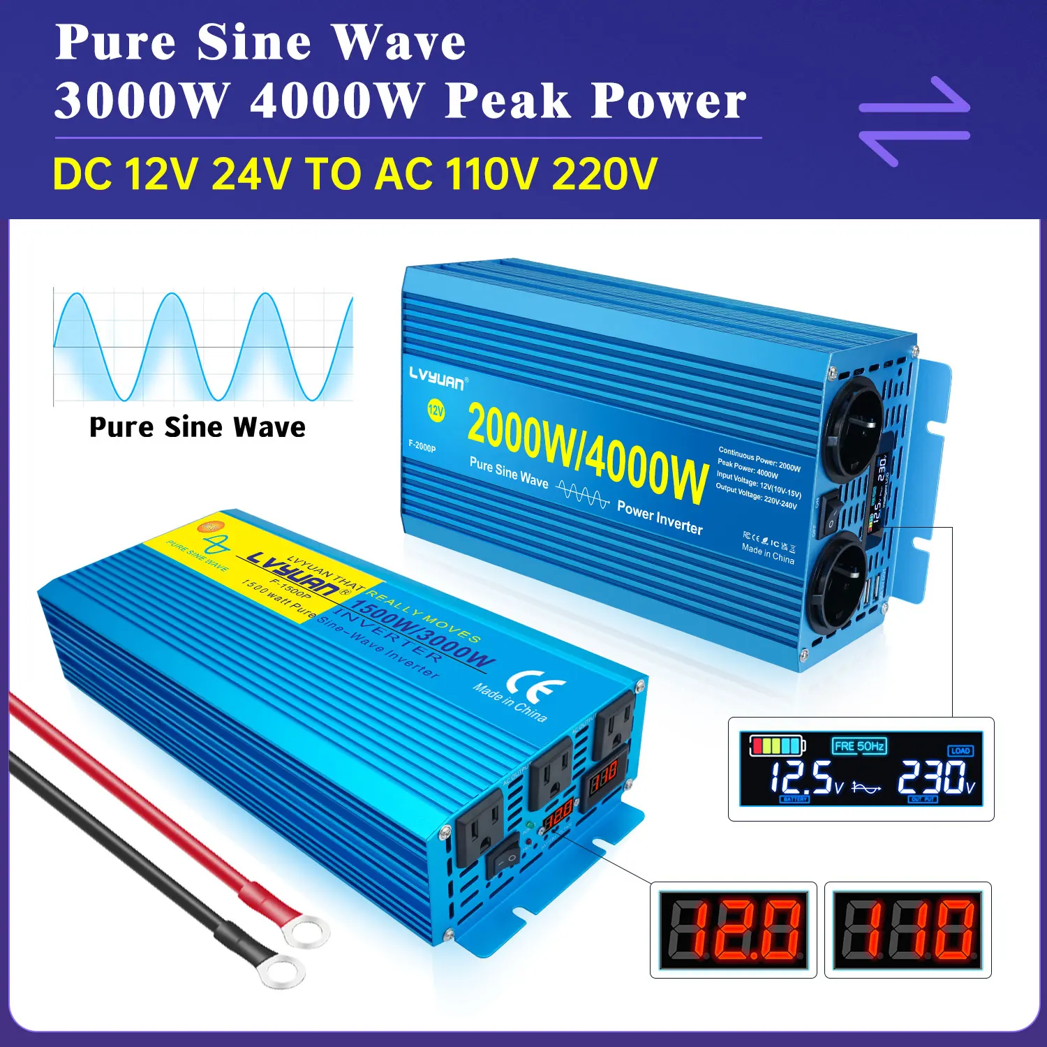 Inverter DC 12V 24V TO AC 220V 110V 3000W 4000W Peak Pure Sine Wave LED Display UN US EU Socket 50HZ 60HZ Converter Inverter