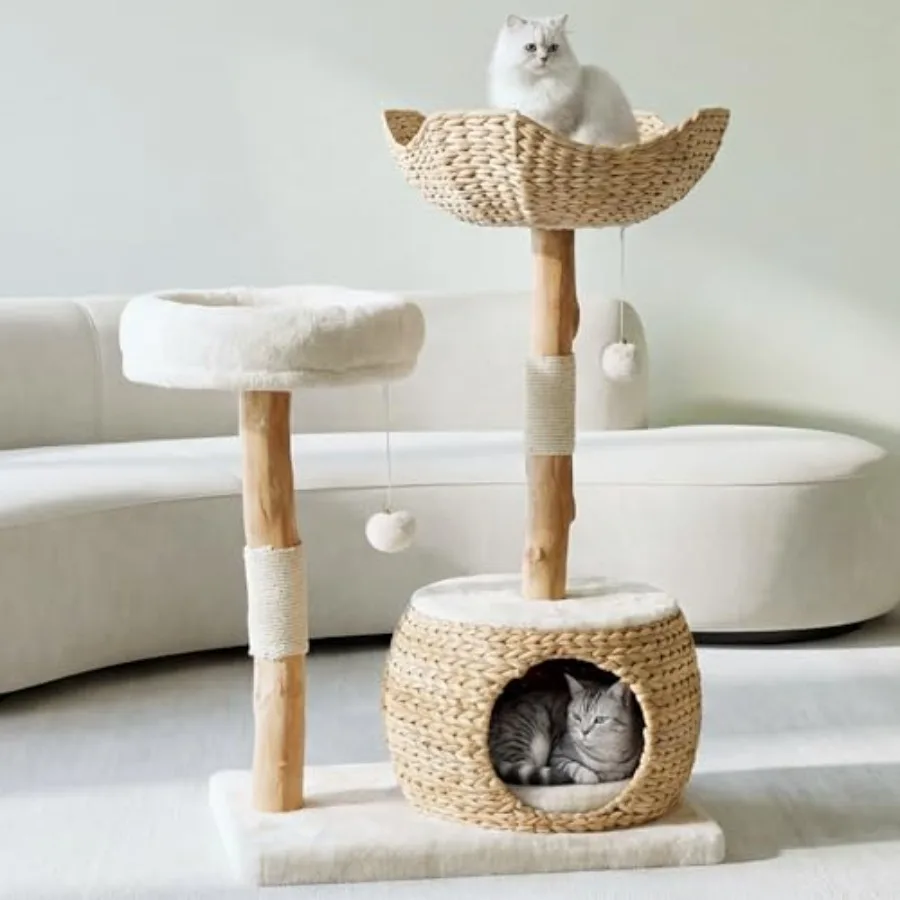 

Modern Cat Tree Tower with Cave Real Wood Cat Scratching Post with Bed for Indoor Cats Large Adult Solid Wooden Climbing Tower