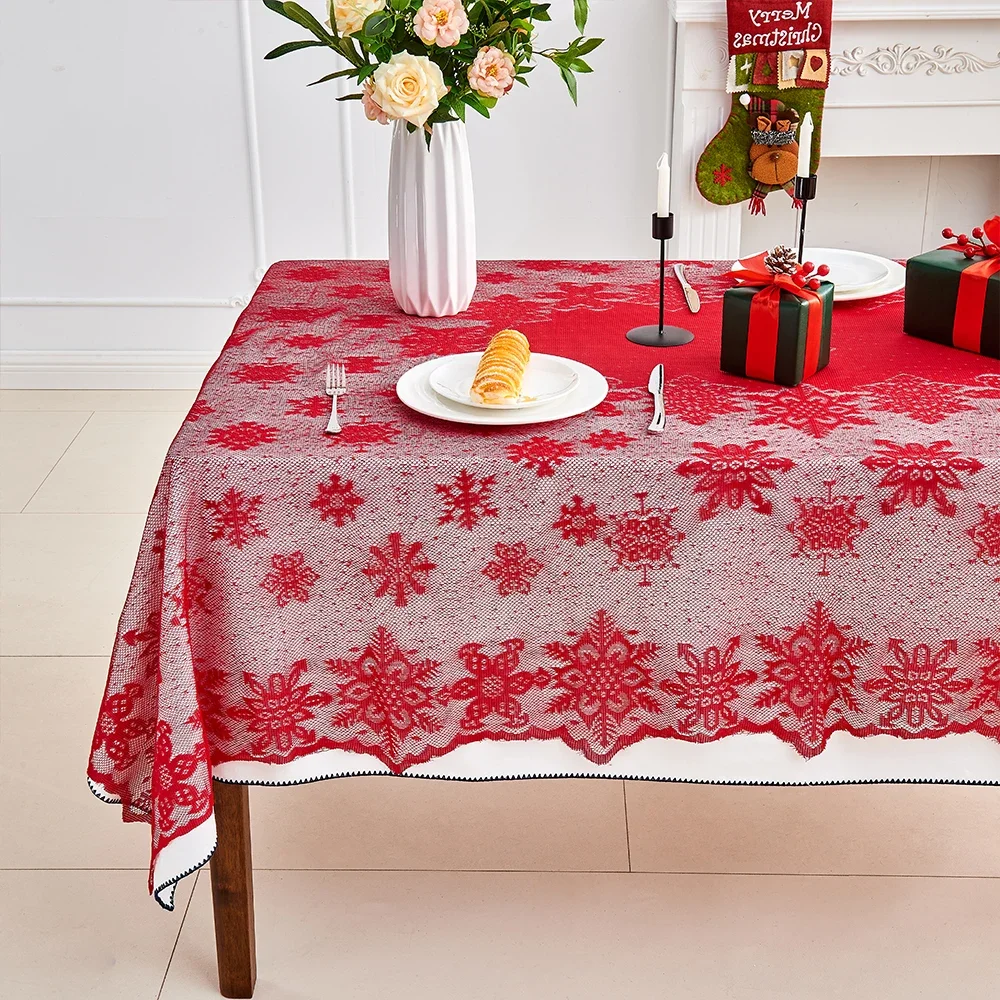 Christmas Theme Snowflake Woven Polyester Tablecloth Suitable For Any Holiday Red Celebration Tablecloth Two Colors Table Runner