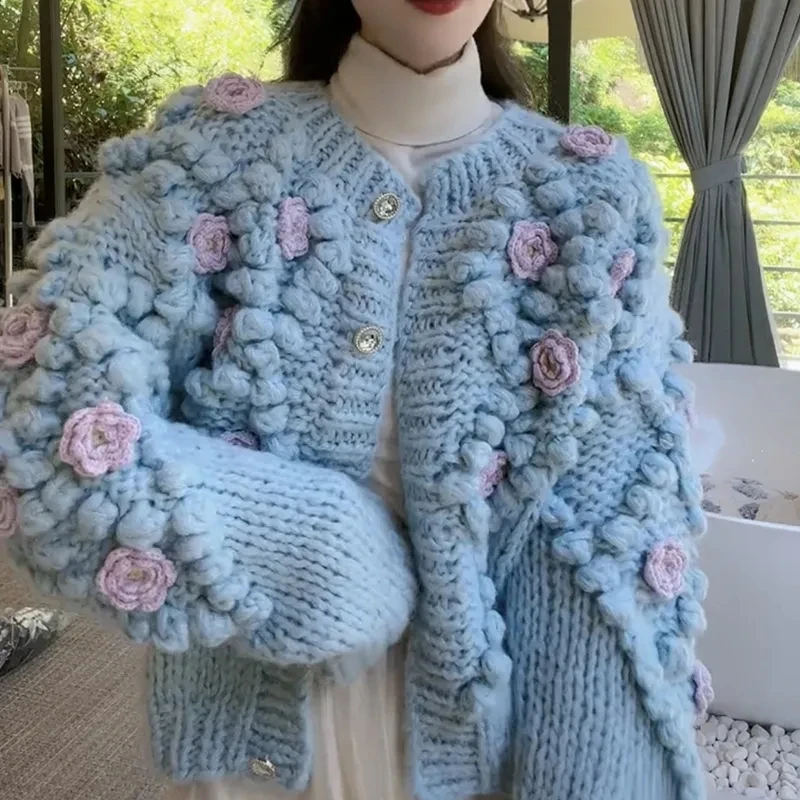 

GIDYQ Crop 3D Flower Knitted Cardigans Women Harajuku Loose Single Breasted Sweater Coat Korean Blue Sweet Knitwears Tops Autumn