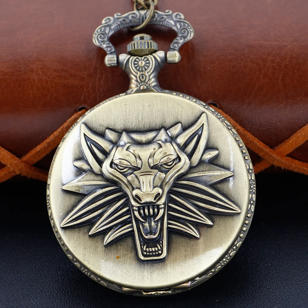 Classic Bronze Werewolf 3D Carved Quartz Pocket Watch Steampunk Vintage Necklace Pendant Fob Chain Clock Men's Children's Gift