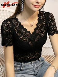 MadBlack Summer T-Shirt European Clothes Women Sexy V Necks Lace Tops Short Sleeves Bottoming Tees Spring New 2023 T34909M