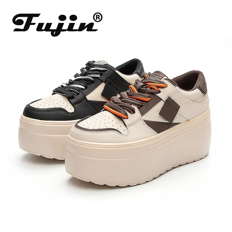 Fujin 8cm Casual Platform Wedge Hiden Heel Genuine Leather Shoes Chunky Sneakers Vulcanized for Women Spring Autumn Mixed Color