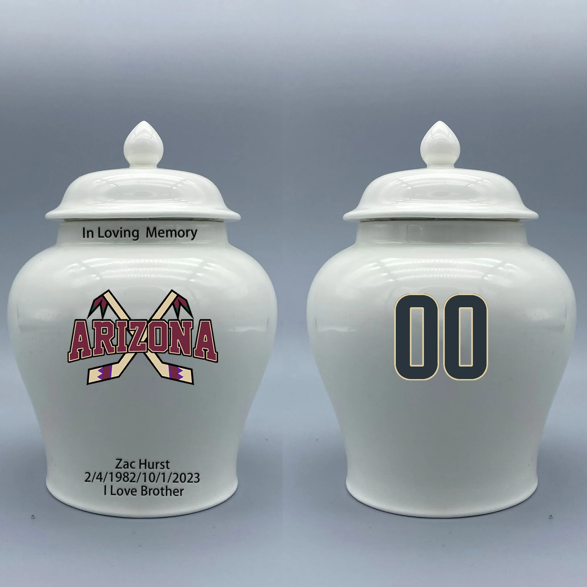 

Medium Urn for Arizona Coyotes-themed Hockey Urn.Please send me the customize information-name/date and number on the urn