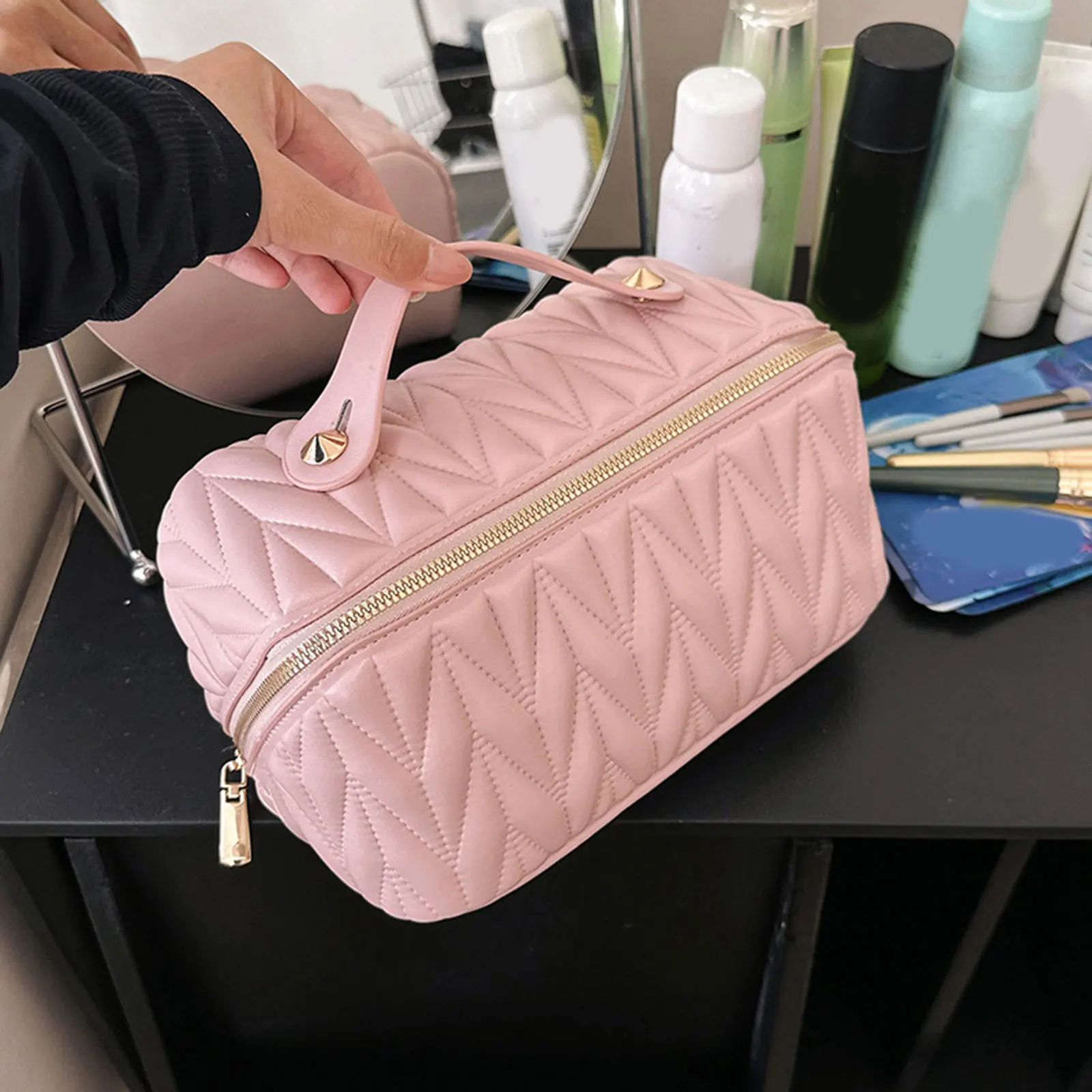 Bolsa de maquillaje multiusos de cuero PU para mujer, neceser para viaje de negocios, brocha de maquillaje, dormitorio, uso diario