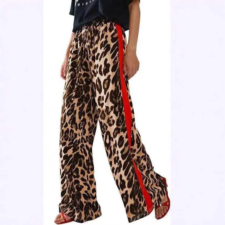 2025 New Casual Women's Trousers Leopard Print Splicing Temperament Loose Europe and The United States