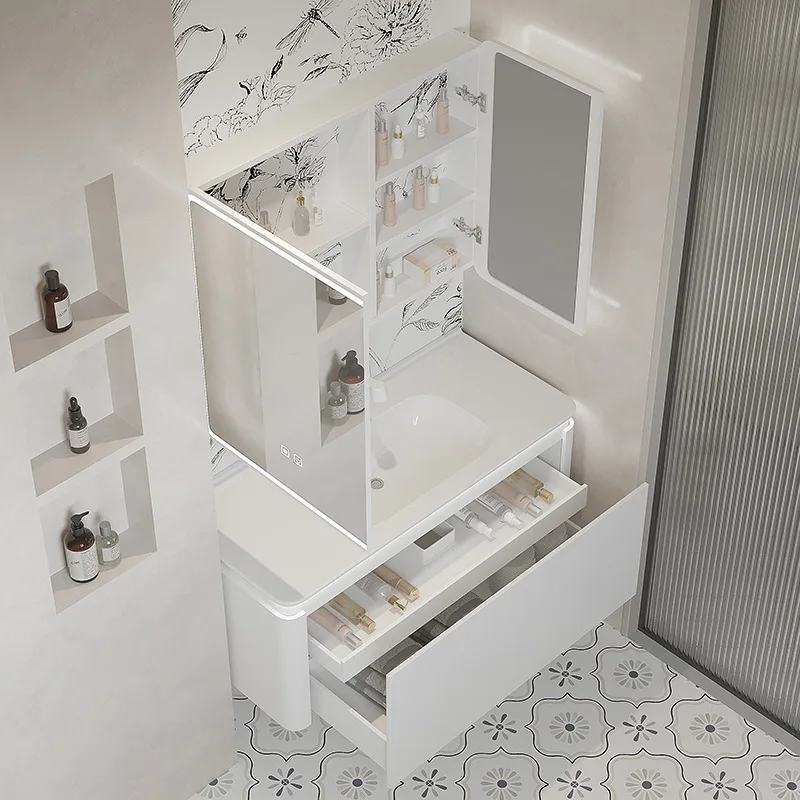 خزانة حمام من الخشب الصلب بتصميم كريمي أبيض وخالية من الطلاء، حوض متكامل من السيراميك، مرآة ذكية، حوض غسيل من الخشب الصلب متعدد الطبقات