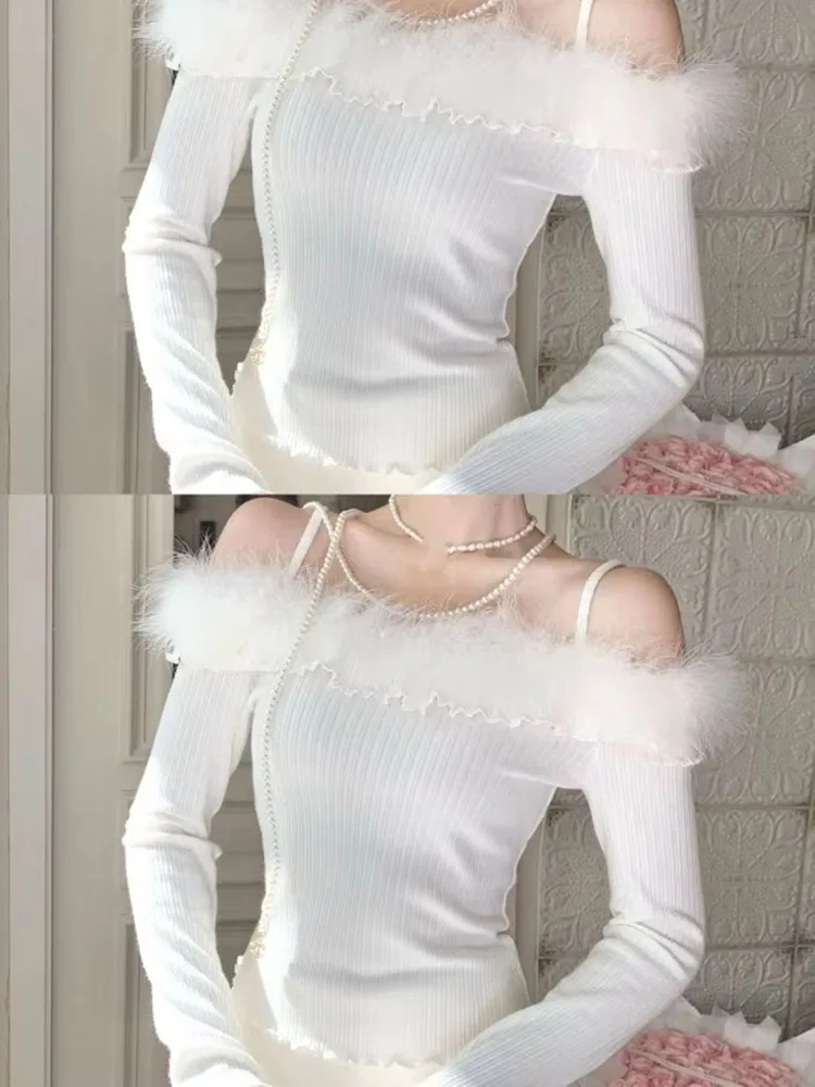 Sexy T Shirts Women Furry Patchwork Slash Neck Off Shoulder Vintage Elegant Crop Tops Female Autumn Winter Casual