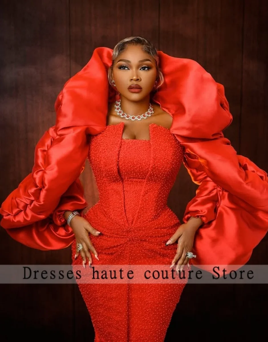 Nieuwe Aso Ebi Glanzende Rode Zeemeermin Kralen Avondjurken 2025, Luxe Lange Mouwen Geplooide Afrikaanse Kant Galajurk Bruiloft Jurk