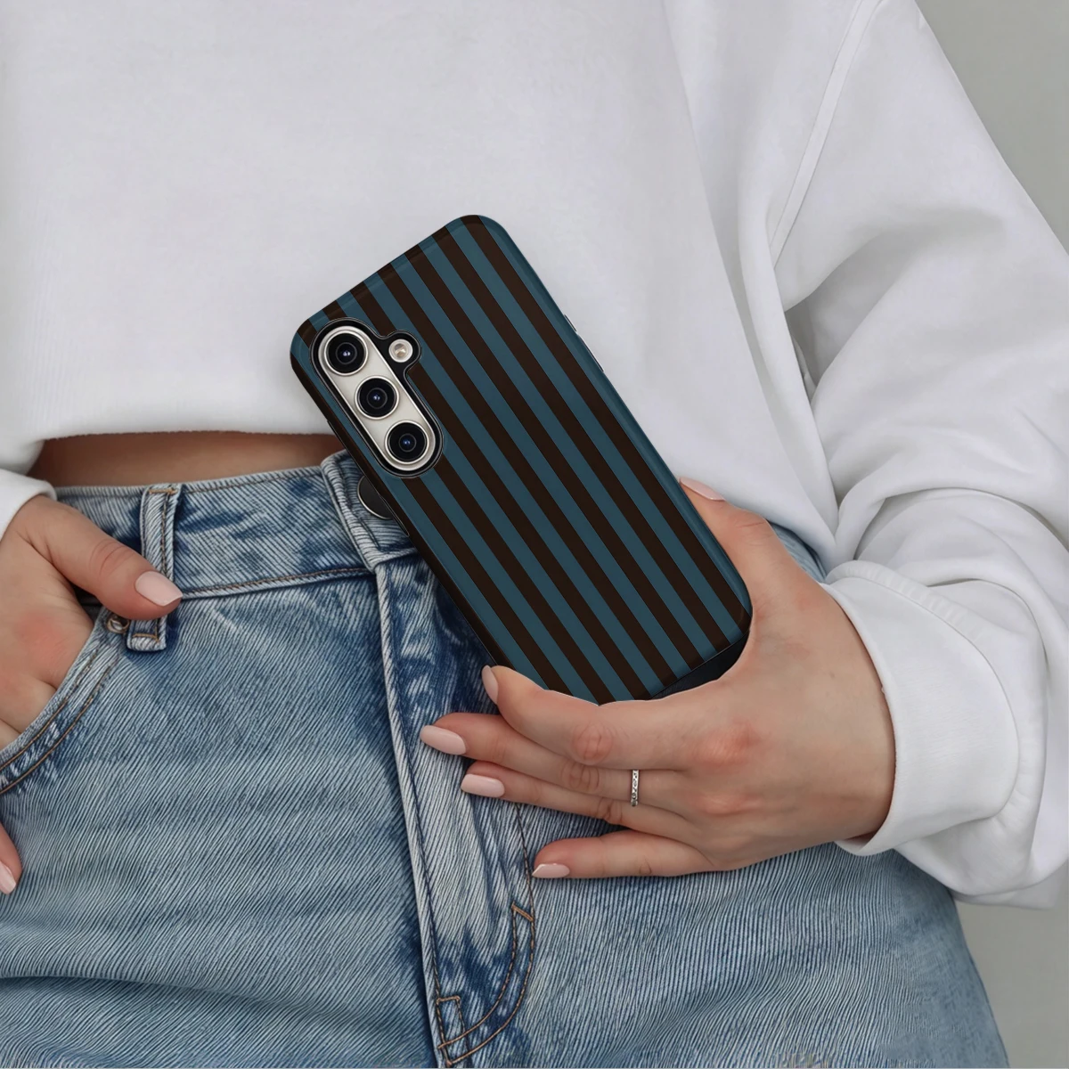 Brown Grey Blue Stripes Phone Case For Samsung Galaxy S26 S25 Ultra S24 S23 Plus Hard Shock‑Absorption 2-in-1Protective Cover