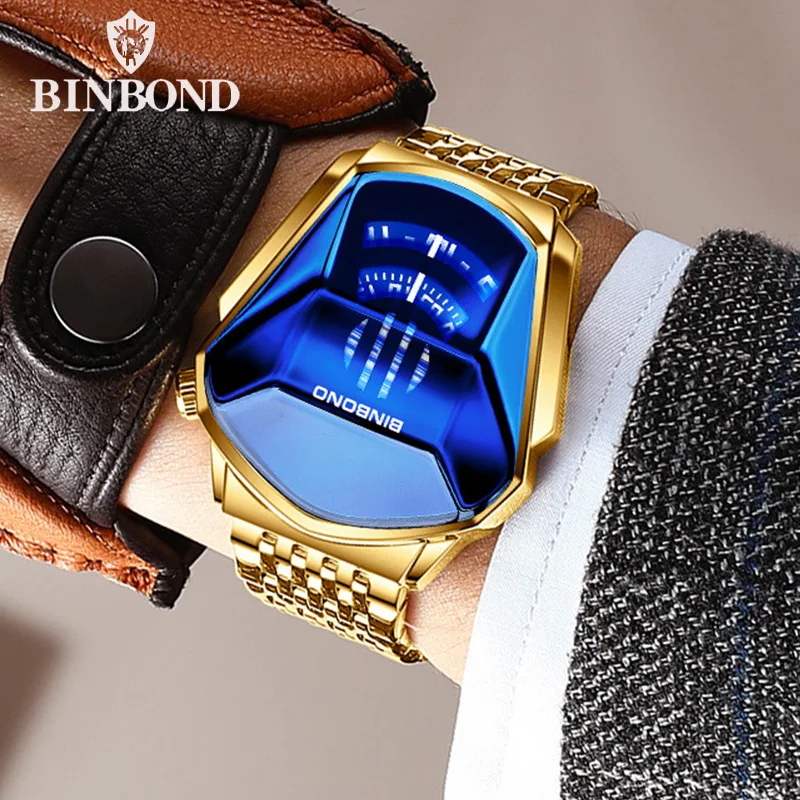 BINBOND Fashion Luxury Unique Military Motorcycle Stainless Steel Business Sports Men\'s Golden Watch Style Concept With Box