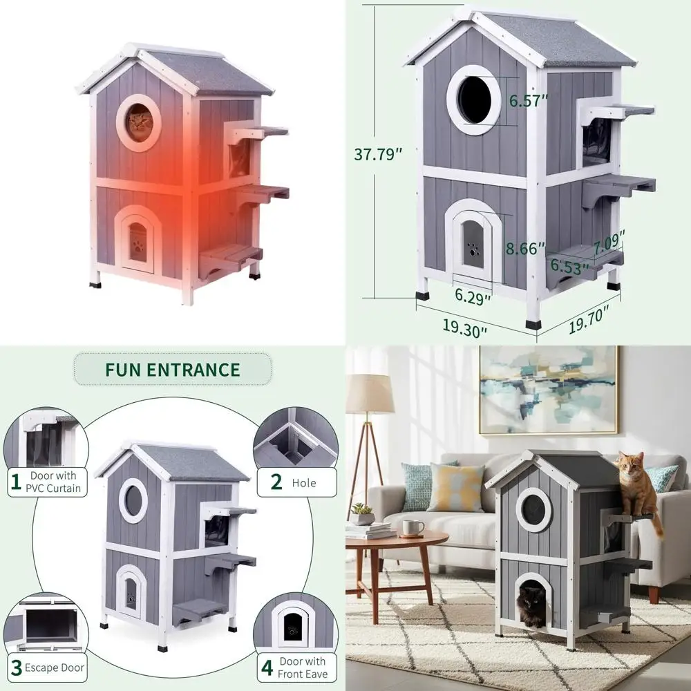

Двухэтажный утепленный зимний домик для кошек с термоизоляционным слоем, съемной крышей, балконом и дверью для эвакуации