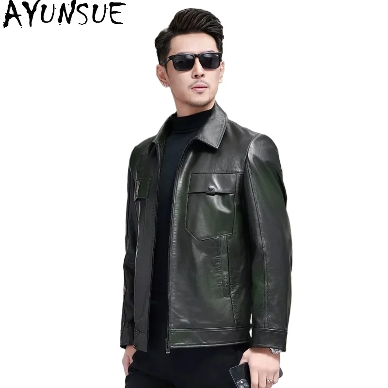 AYUNSUE Genuine Top Layer Waxed Sheepskin Leather Jacket Men High Quality Real Leather Coat with Mulberry Silk Liner Short Coats