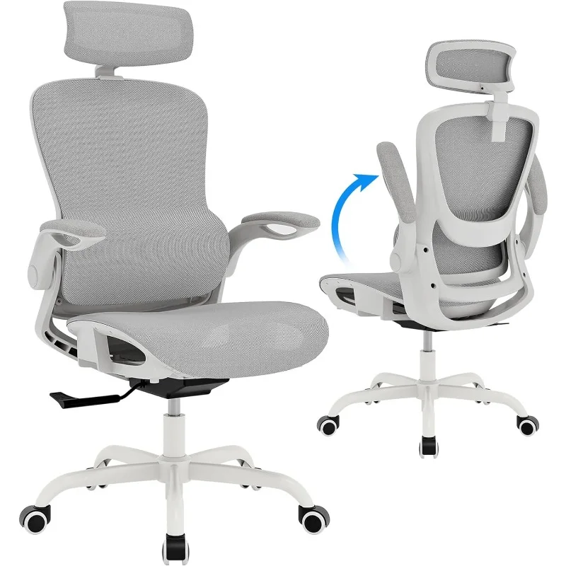 Ergonomic Mesh Office Chair- White Desk Chair, Flip-Up Armrest, Adjustable Headrest, Tilting with Soft Seat and PU Whee