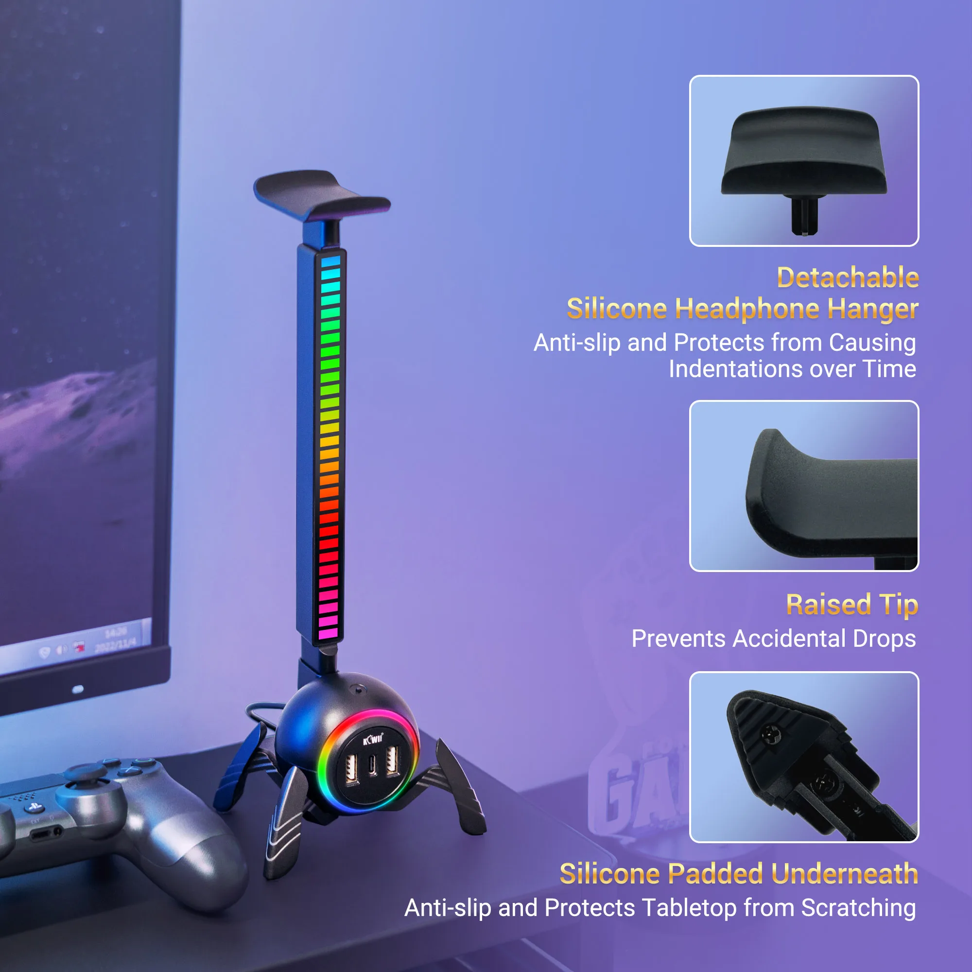 Headphone Stand Spider Design Headset Holder with RGB Pickup Rhythm Light & Type-C USB Port Headset Stand PC Gaming Accessories
