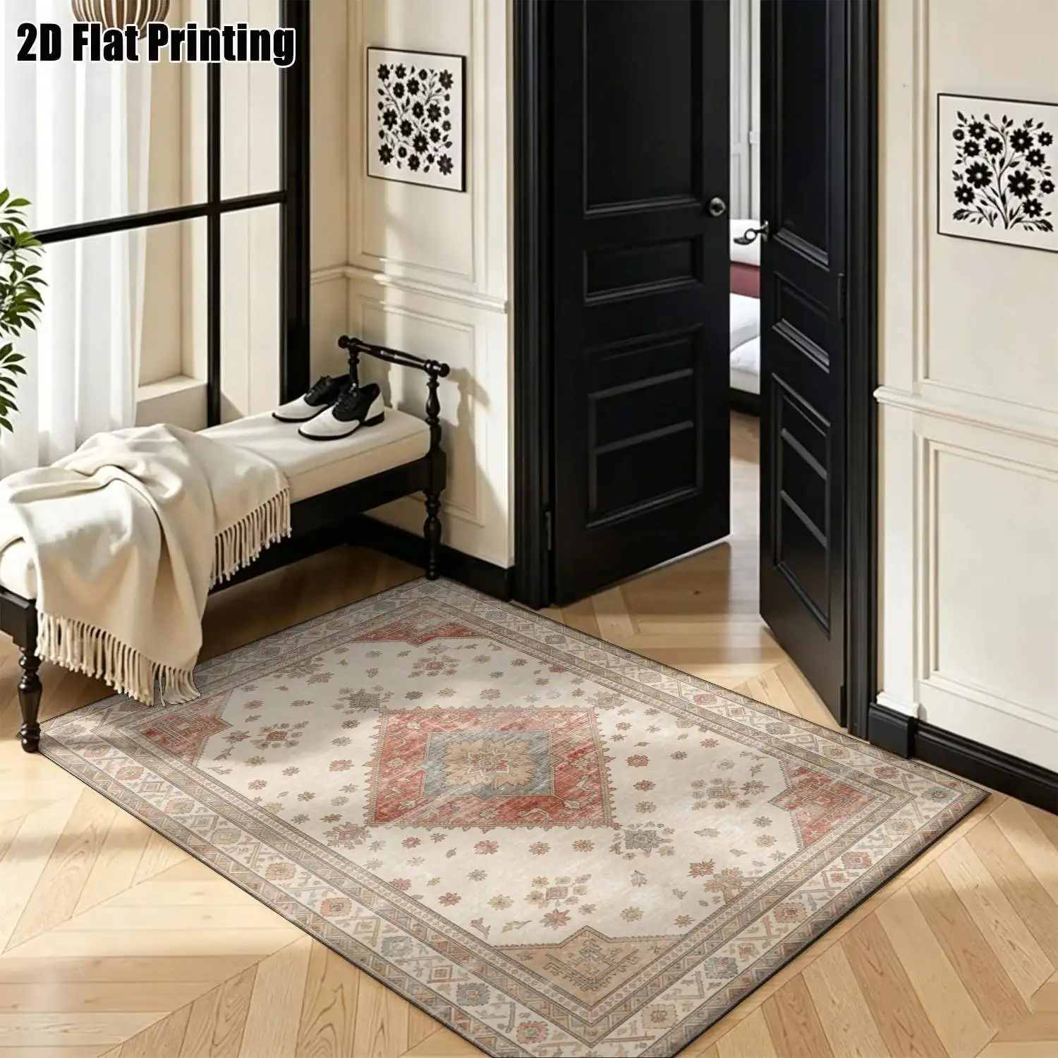 1Pc 2D Printed Warm Brown Retro Geometric Pattern Carpet, European/Retro/Bohemian Style, Ideal Home Decor, Multi-Size, Machine Washable, for Multi-Scene Use