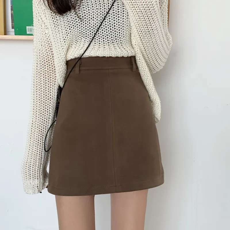 

Юбки женские осенние, новый дизайн, простой корейский стиль, для отдыха, для студентов, с высокой талией, однотонные, универсальные, модные, мини Mujer, трапециевидные, Faldas