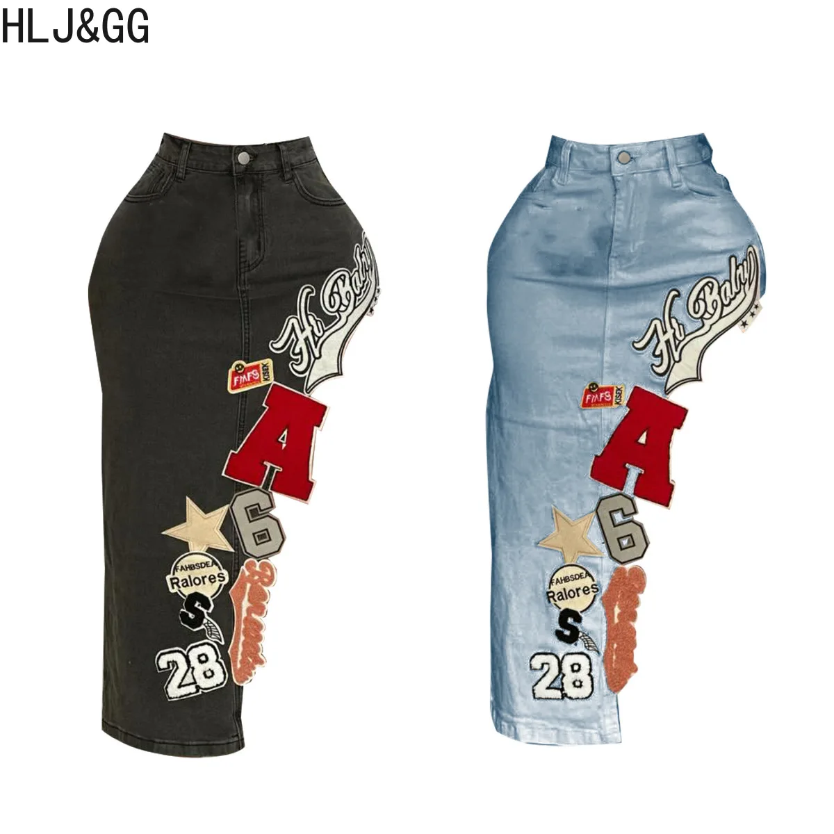 HLJ & GG mode broderie lettre irrégulière maigre Denim jupes femmes taille haute bouton poche Cowboy bas femme Streetwear