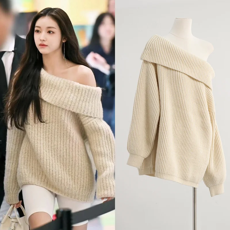 Firmranch Jennie Irene One-Shoulder Knitted Jumpers Revealed Shoulders Loose Long-Sleeved Sweater For Women In Autumn