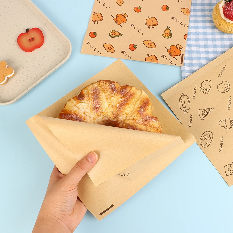 50Pcs Cartoon Cute Square Wax Paper Sandwiches Burgers Fries Fried Wrappers Bags Waxed Paper Baking Paper Food Packing Pouches