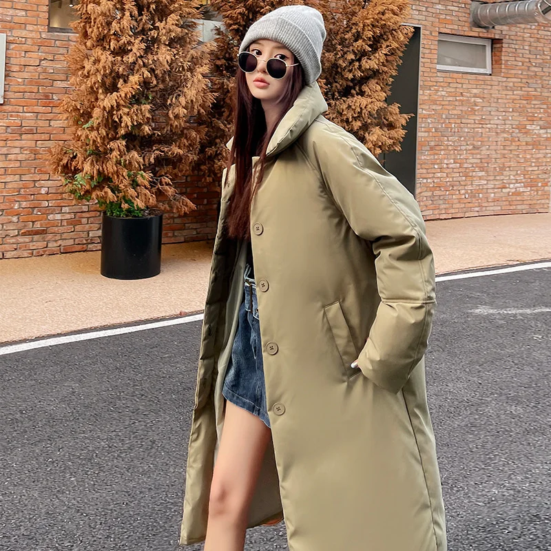 Down Lapel Cotton Coat Women\'s Long Over Knee 2023 New Loose Ladies Winter Trend Parkas Casual