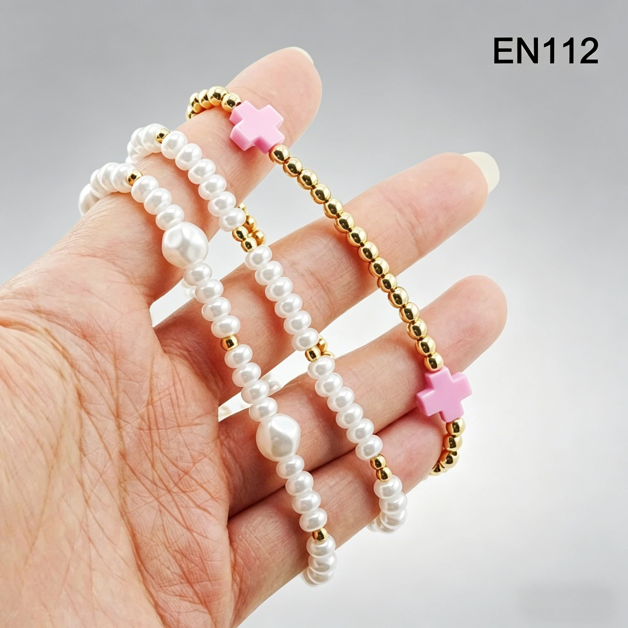 

YEEVAA Pink Cross&Imitation Pearl Stackable Stretch Bracelet Set, Gold Plated Beaded Layered Bracelets for Women Fashion Jewelry
