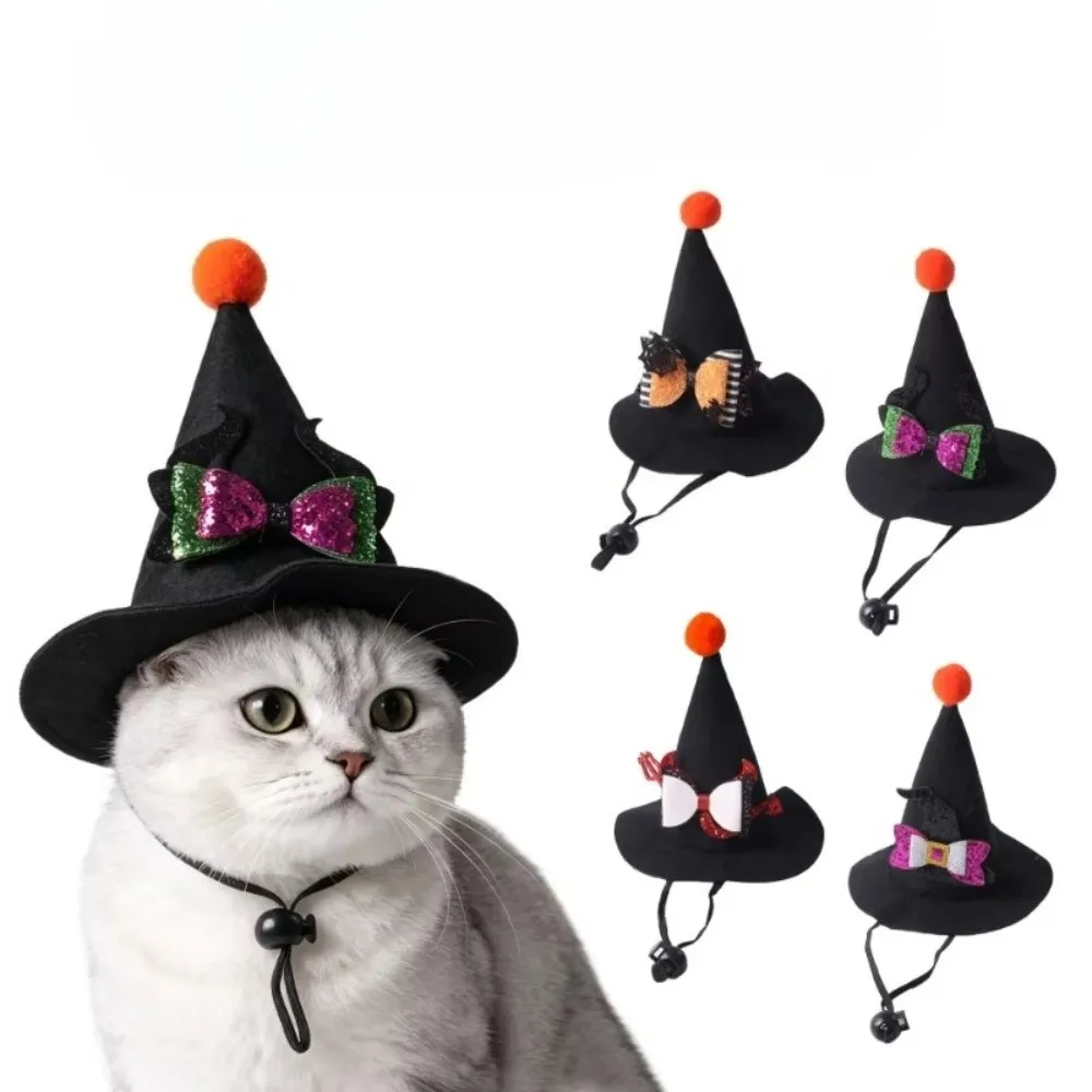Adjustable Strap Pet Halloween Witch Hat Pointed Brim Curved Top Dog Halloween Party Hat Pom Pom Ball Sequin Bowknot