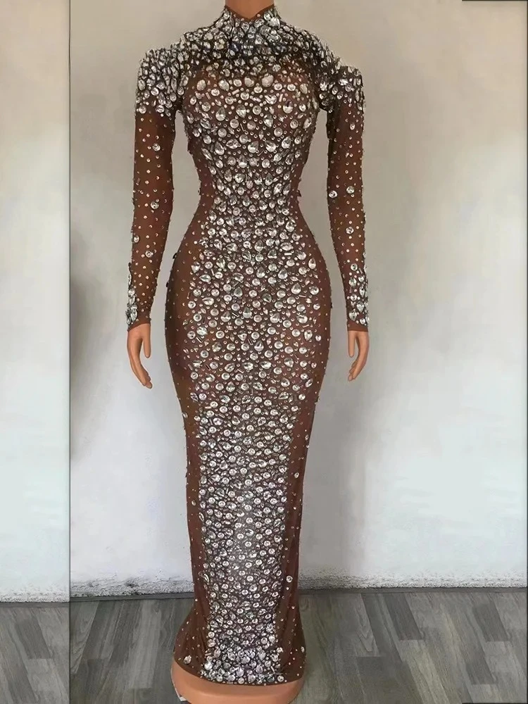 메쉬 생일 축하 이브닝웨어 여성 가수 쇼 시스루 의상 섹시한 진주 스톤 미러 롱 드레스