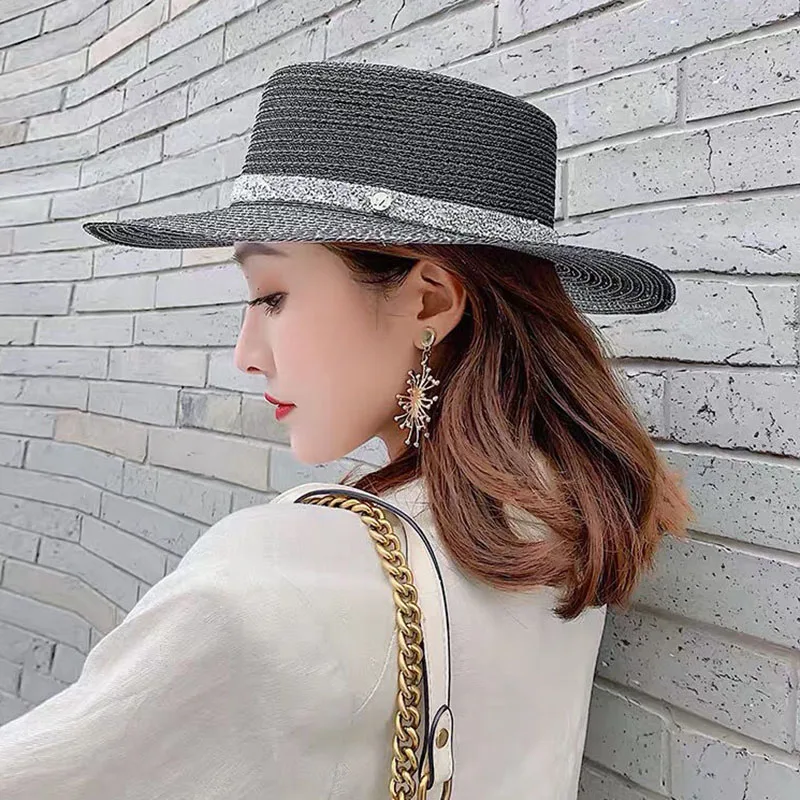 MAXSITI U  flat brim summer travel sunscreen Sun Hat Women versatile silver straw hat flat top hat bright silk Hepburn Beach Hat