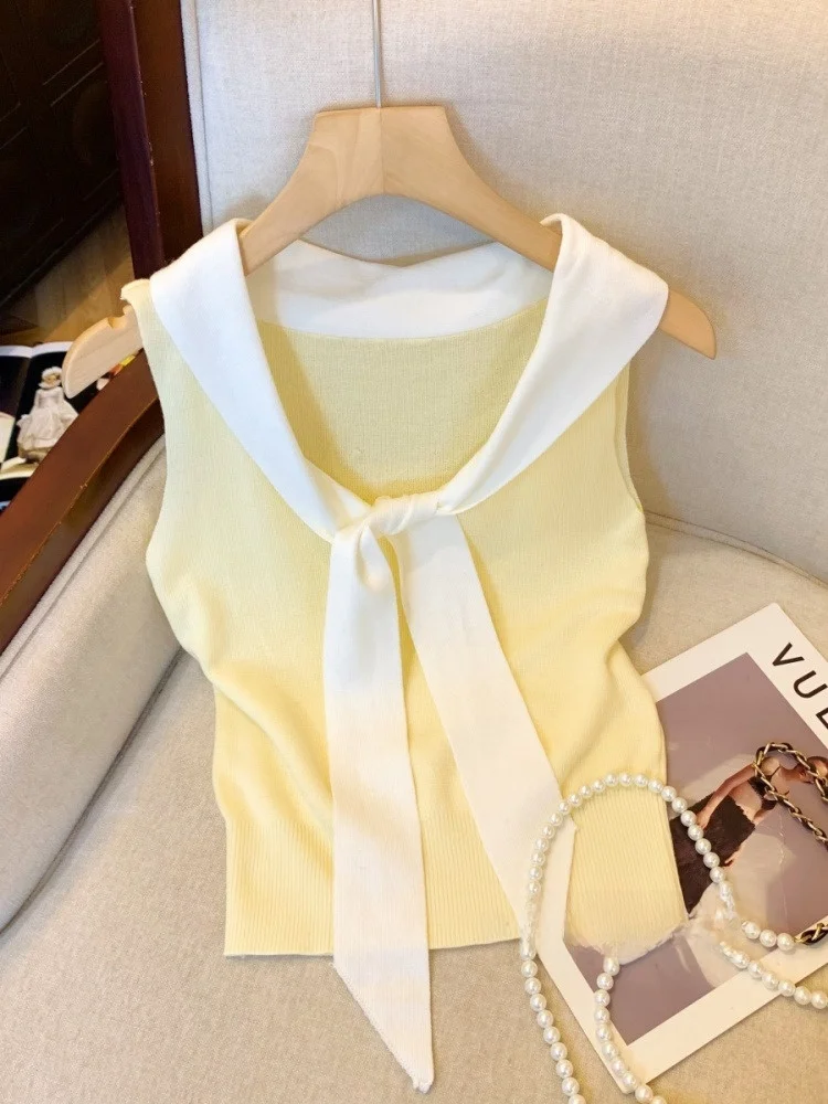 

Slim Fit Knitted Vest Women Summer ne Navy Collar Sa Belt Svel Faionable Sweet And Spicy Jazz Sle Top