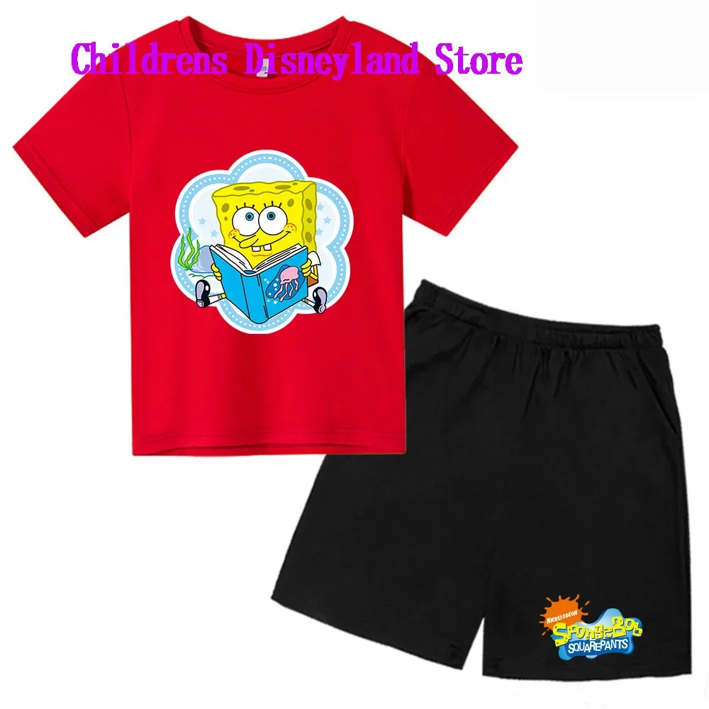 Spongebob Squarepants Spring And Autumn Children's Wear Boys And Girls T-shirt Set 2-piece Anime t shirt Sportswear Shorts boys