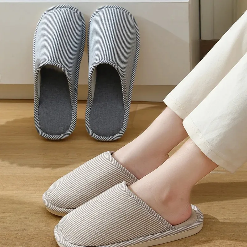 

Warm Plush Cotton Slippers for Home Indoor Non-slip Linen Flats Spring and Autumn Couple House Slides