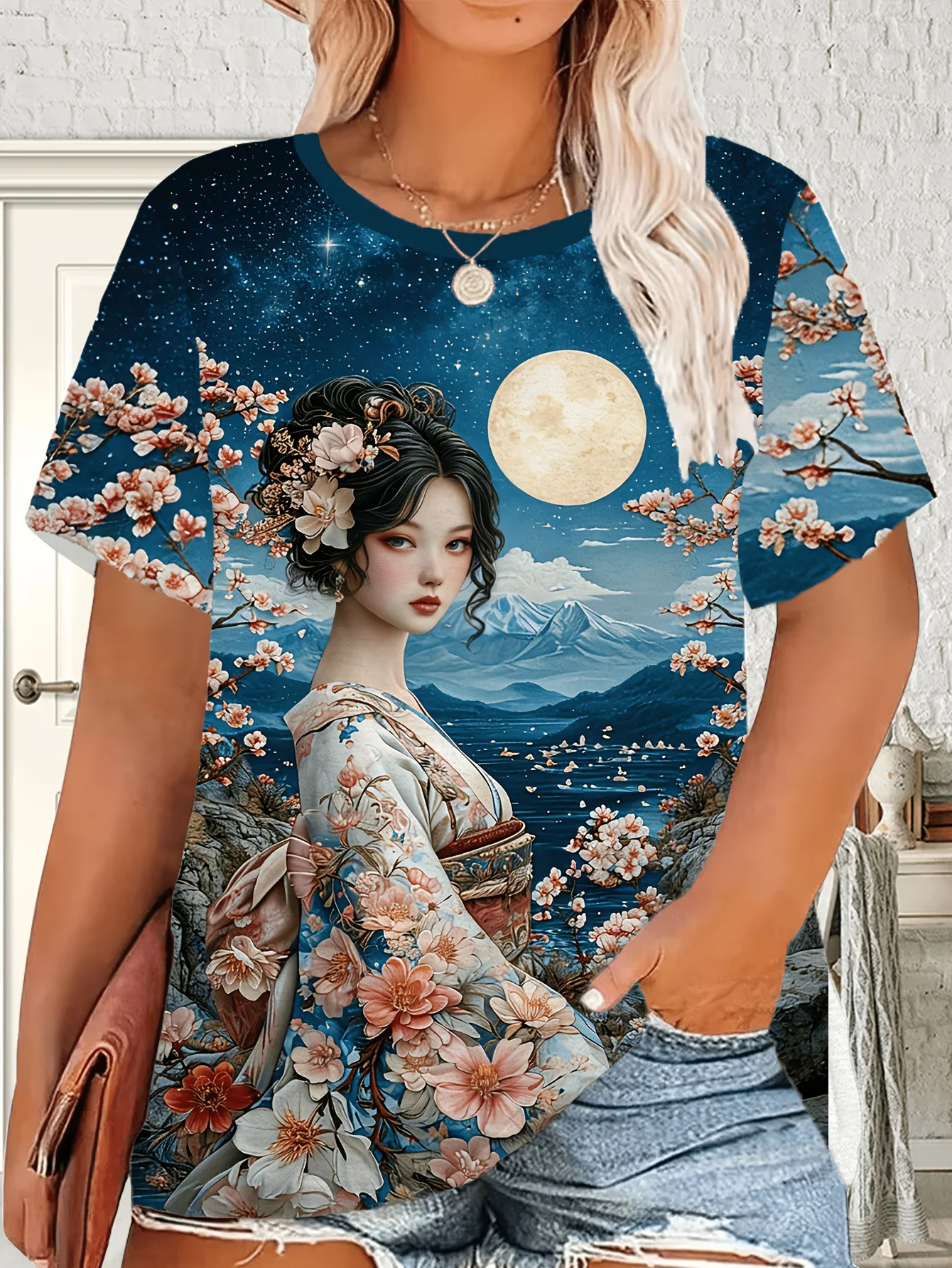 Women Crew Neck Short Sleeve T‑Shirt, Oriental Beauty Cherry Blossom Full Moon Mountain Lake Scenery Art Graphic Casual Tee