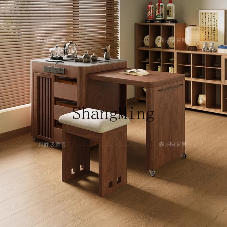 

SM movable balcony tea table rock slab medium ancient style small solid wood Kung Fu retractable tea cart home