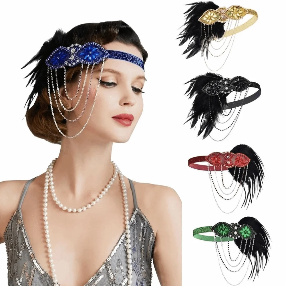 Sweet Tassels Feather Hairband Long Chain Beaded Headband 20s Korean Style Rhinestone Hair Band Makeup Party