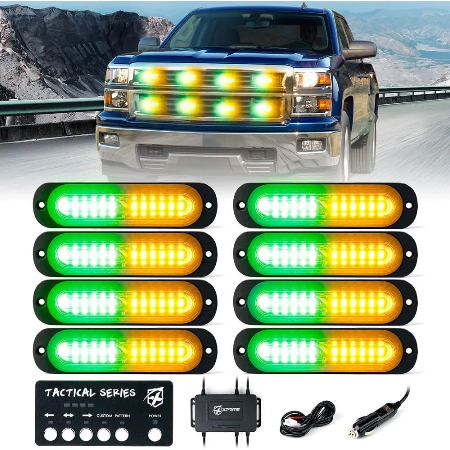 

Amber Green LED Surface Mount Strobe Lights Kit with Control Panel for Emergency Safety Warning Flashing Grille Cop Marker Ligh
