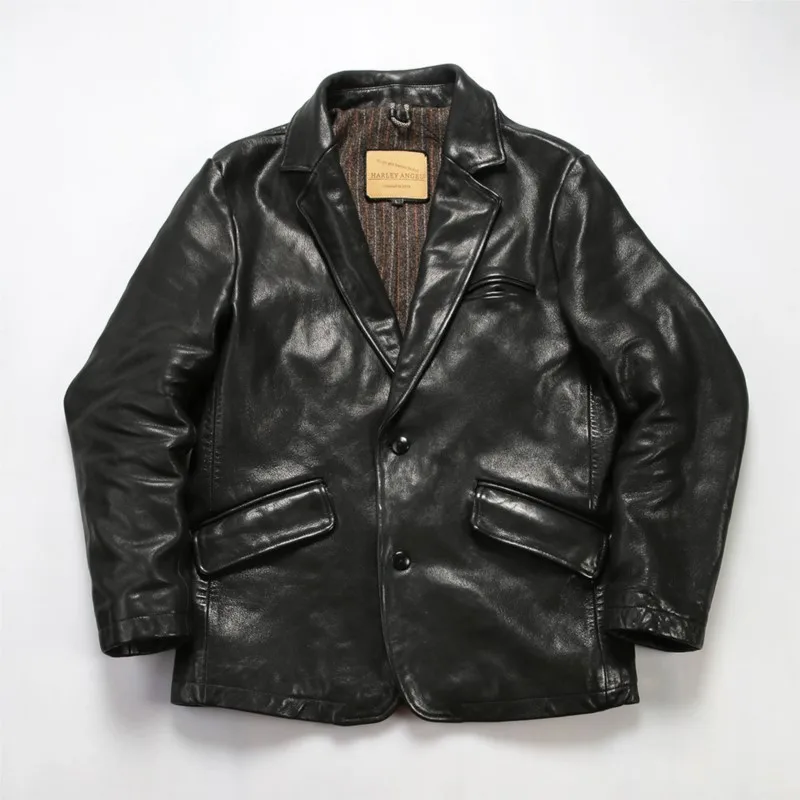 Casual all-vegetable-tanned leather men's suit collar motorcycle pleated