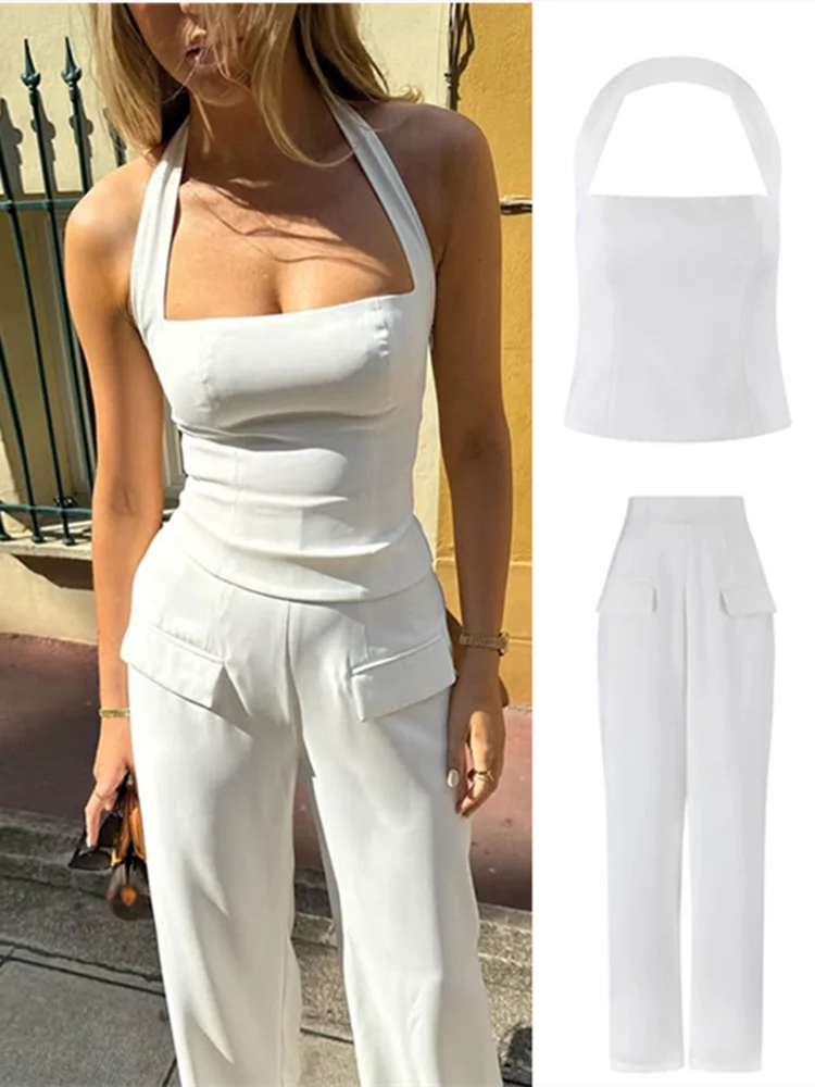 Elegant Women Two Piece Sets Fashion Halter Strapless Slim Crop Top High Waist Wide Leg Pants Outfits 2025 Spring New Streetwear