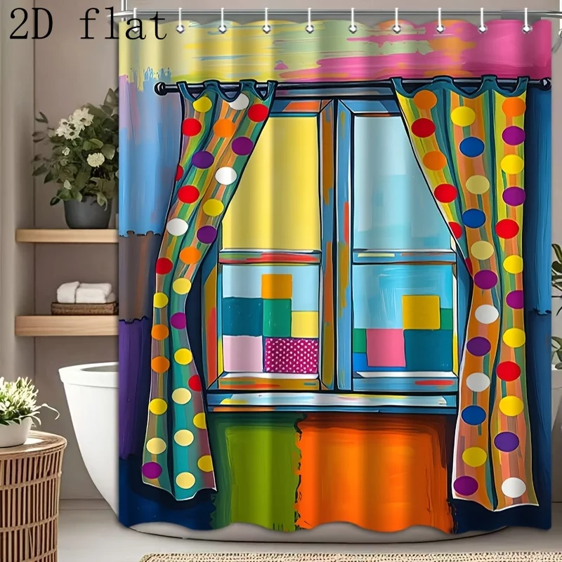 1pc Shower Curtain with Hooks, Colorful Polka Dot and Geometric Color Block Pattern, Suitable for Bathroom Partition, Window Cur