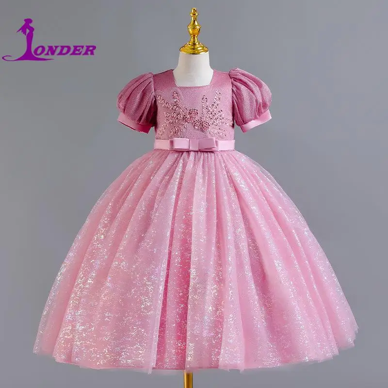 Sonder-vestido de tul con flores para niña, vestidos de dama de honor brillantes para desfile de boda, vestido de fiesta de cumpleaños de princesa personalizado