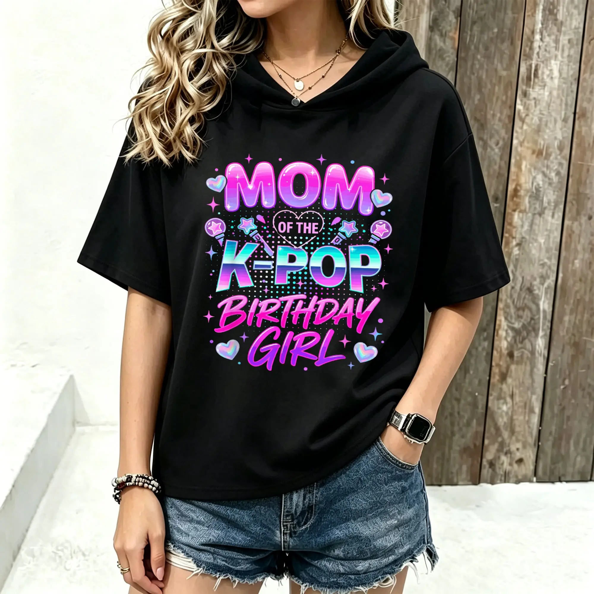 Women Short Sleeve Hooded T‑Shirt Mom Of The K‑Pop Birthday Girl Gradient Letter Microphone Heart Graphic Print Spring Summer Loose Hoodie Tee Streetwear Casual Short Sleeve Hood Tops