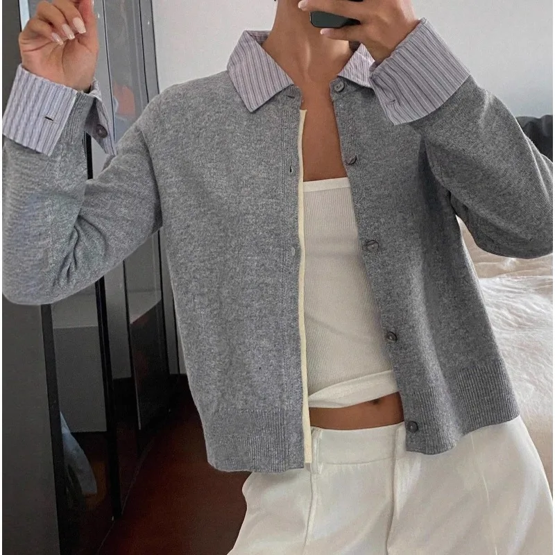 2025 Women's Gray Polo Collar Fake Two-piece Knitted Cardigan Autumn Design Top
