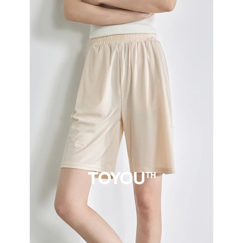 

TOYOUTH Women Casual Pants 2024 Summer New Ice Silk Solid Color Elastic Waist Straight Wide Leg Sports Shorts